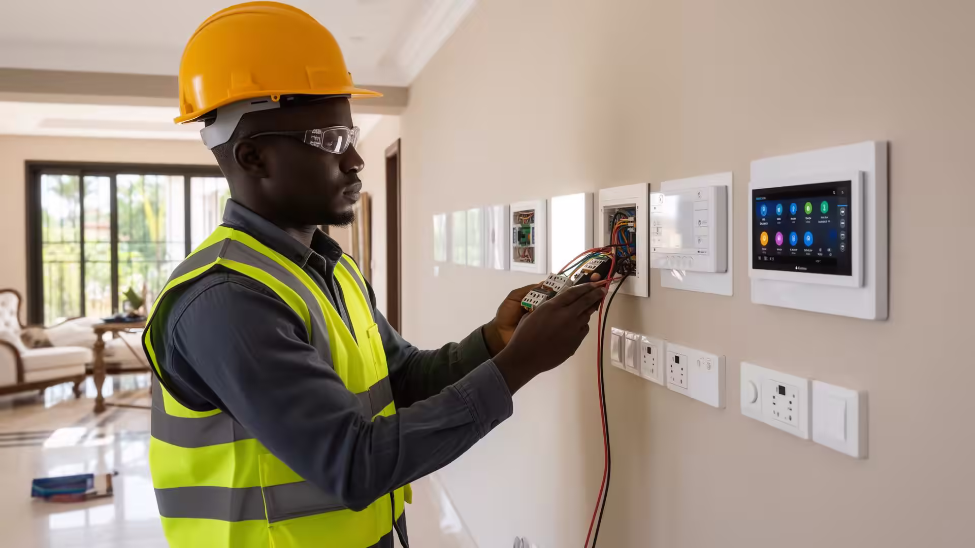 Technicien AQAHOM installant un système domotique dans une villa à Abidjan