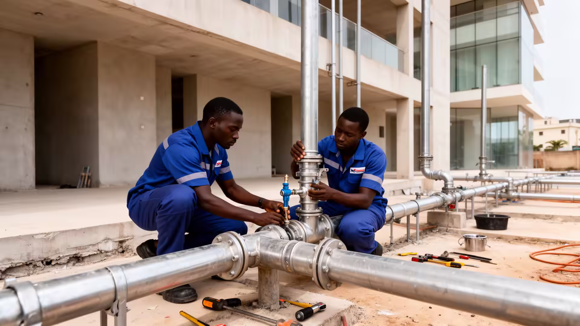 Plombier professionnel AQAHOM installant des tuyauteries en cuivre à Abidjan
